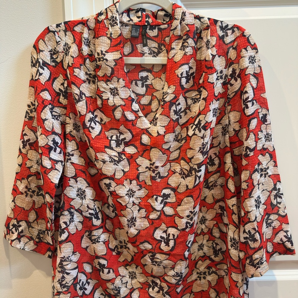 Mango Red Floral Blouse with Navy and Cream Details